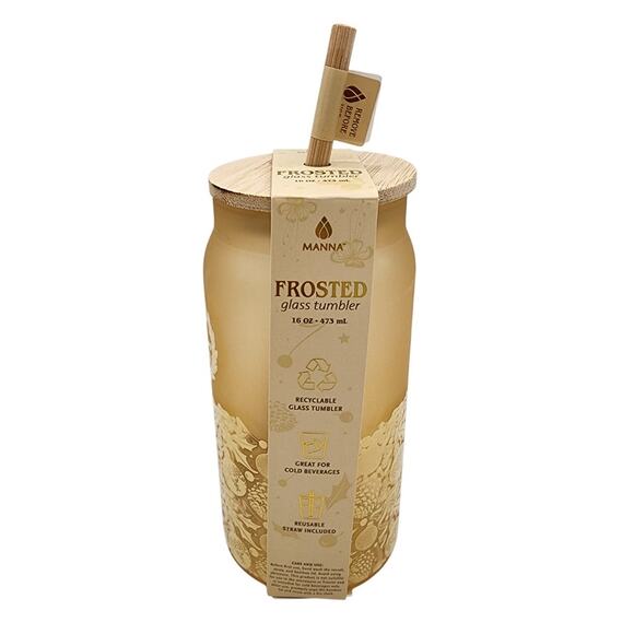 NEW Manna Joy Frosted Glass Gold Tumbler, Reusable Bamboo Lid & Straw, 16 oz. - Picture 1 of 9